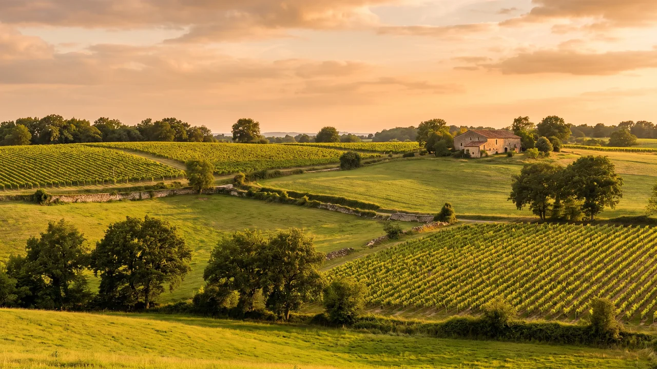 Campagne vallonnée de l'Entre-deux-Mers près de Baigneaux, champs et vignes sur des pentes douces bordées de haies