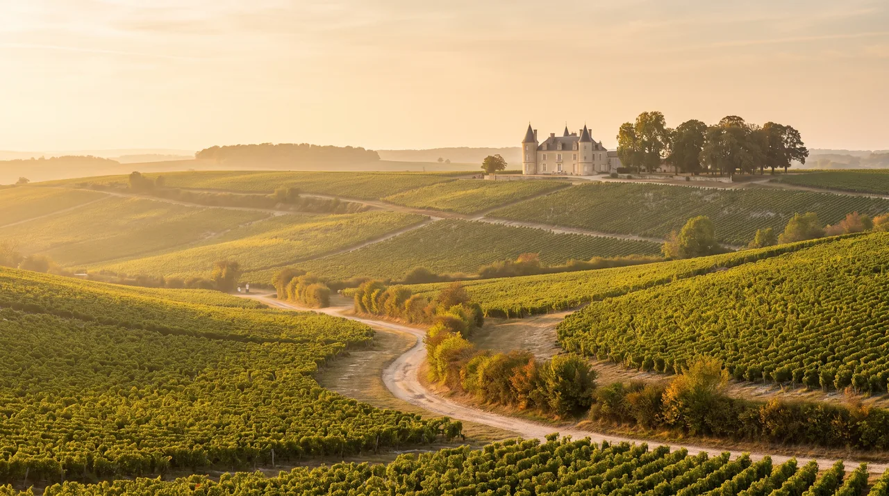 Rangs de vignes sur un coteau de l'Entre-deux-Mers à Baigneaux, château de pierre claire au loin sous une lumière chaude