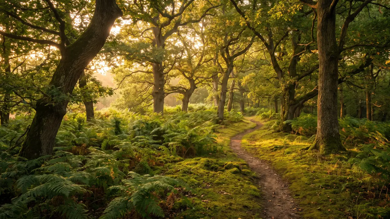 Bois de chênes et de châtaigniers près de Baigneaux dans une lumière chaude, tapis de fougères et sentier entre les troncs