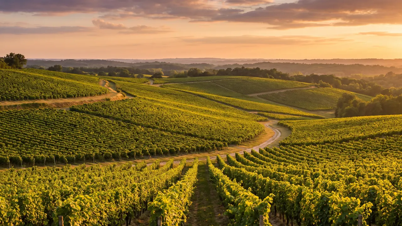 Coteaux viticoles de l'Entre-deux-Mers au coucher du soleil près de Baigneaux, pentes de vignes étagées jusqu'aux bois