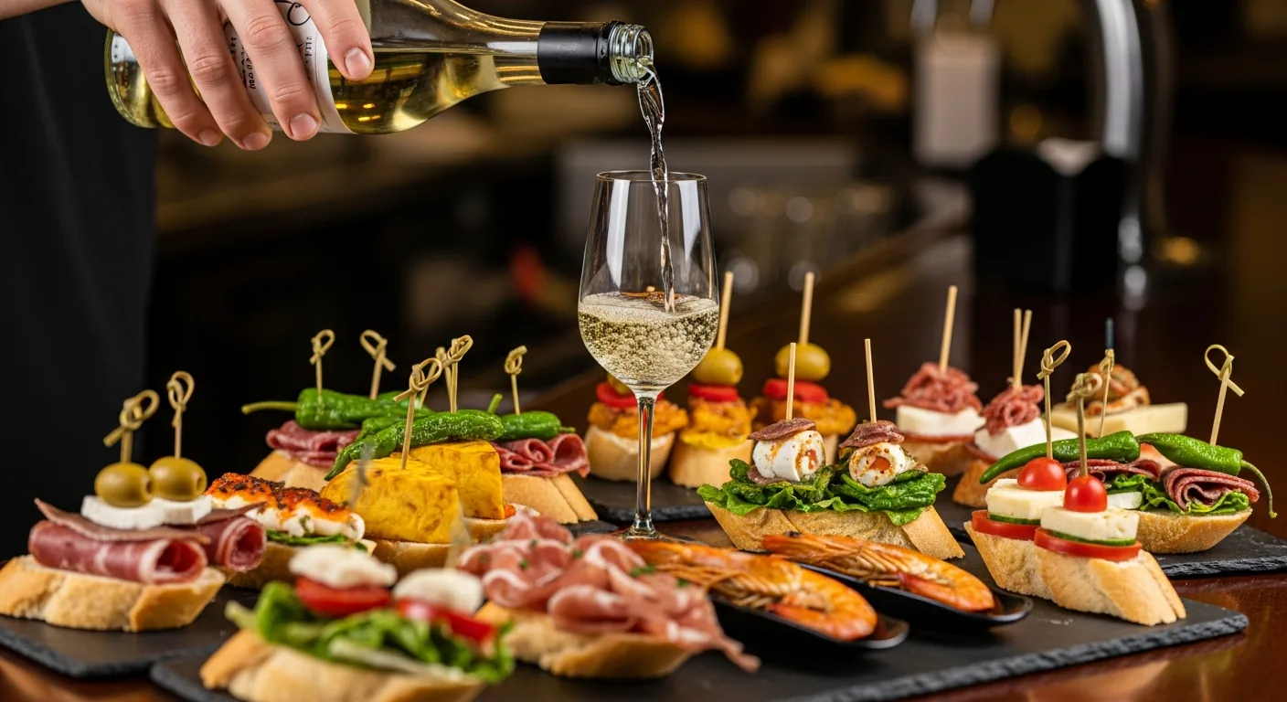 Pintxos basques sur comptoir de bar à Bayonne avec verre de txakoli versé de haut