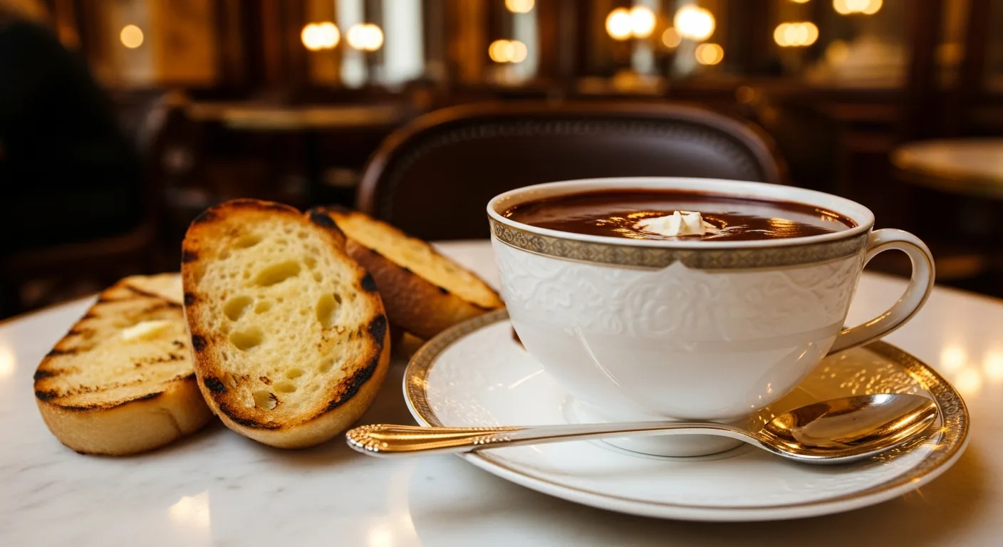 Chocolat chaud à la bayonnaise dans tasse profonde avec mouillettes de pain grillé beurré, salon Cazenave 1854