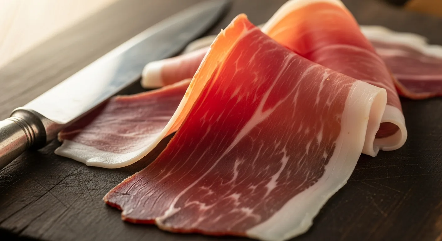 Jambon de Bayonne IGP tranché à la main, planche en bois, sceau lauburu visible, garniture Sud-Ouest