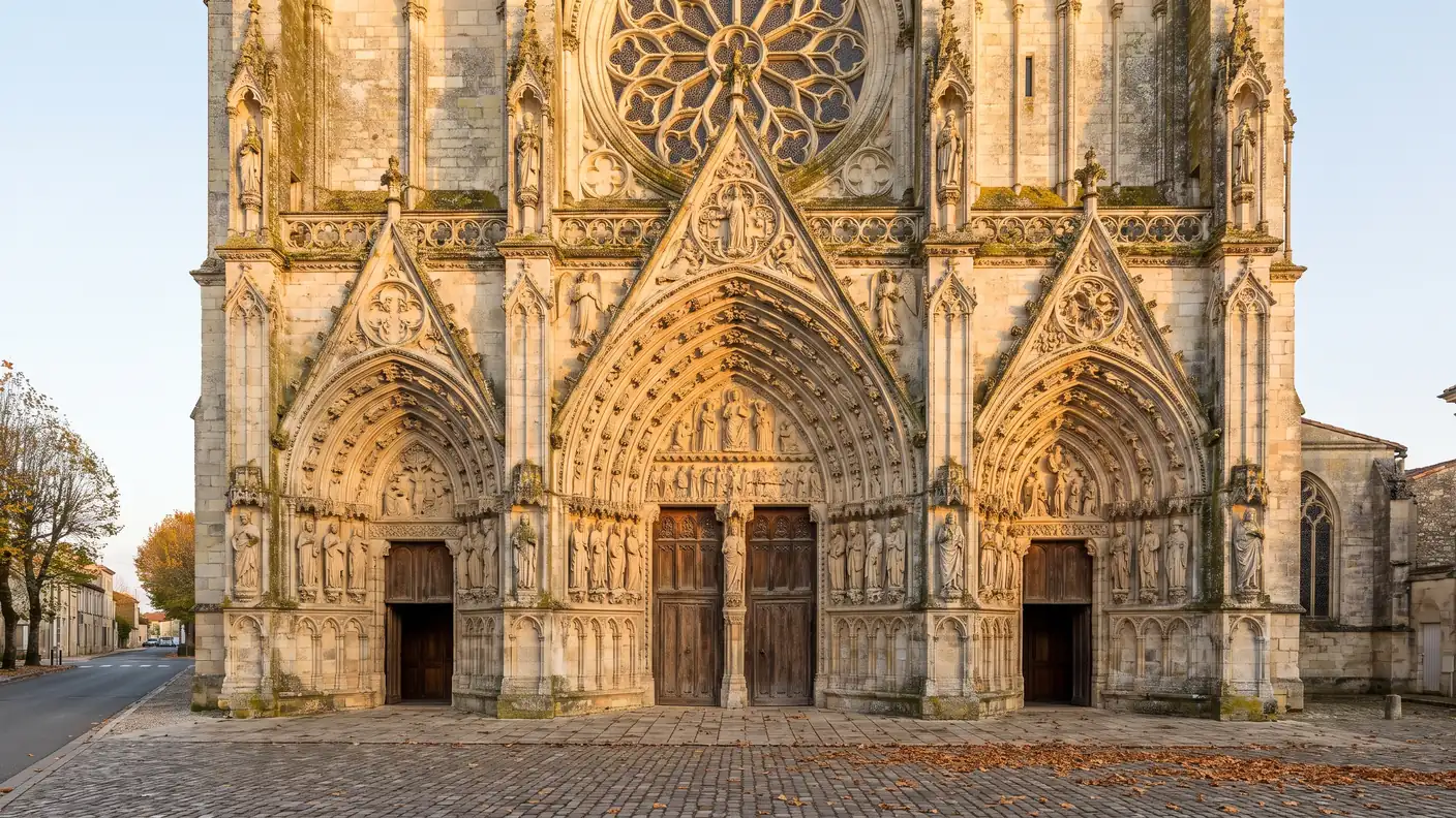 Un gros plan des trois portails gothiques sculptés en pierre dorée d'une façade de cathédrale médiévale, en Gironde
