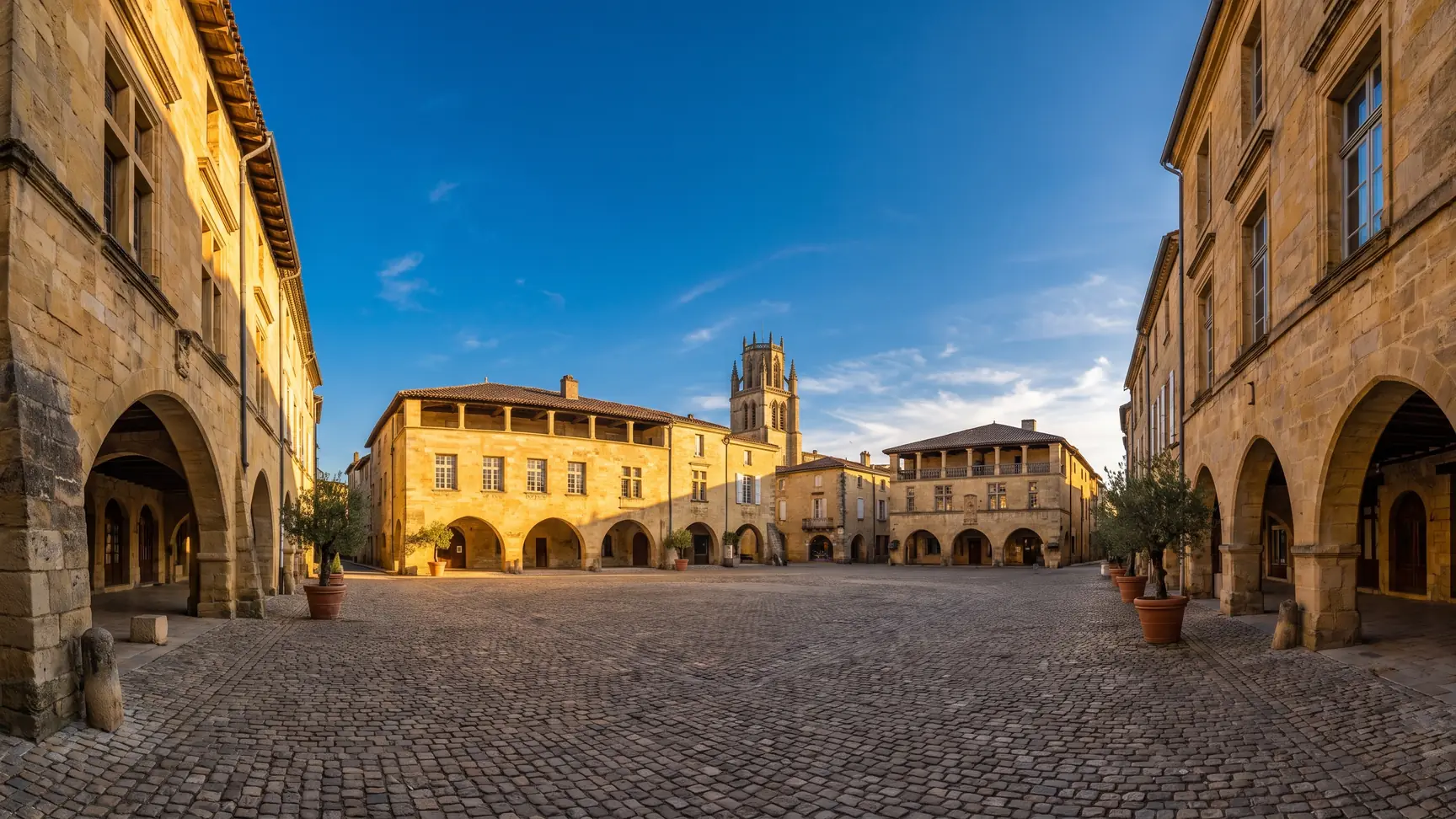 Une place médiévale bordée d'arcades de pierre et de maisons anciennes à Bazas, la tour de la cathédrale au fond