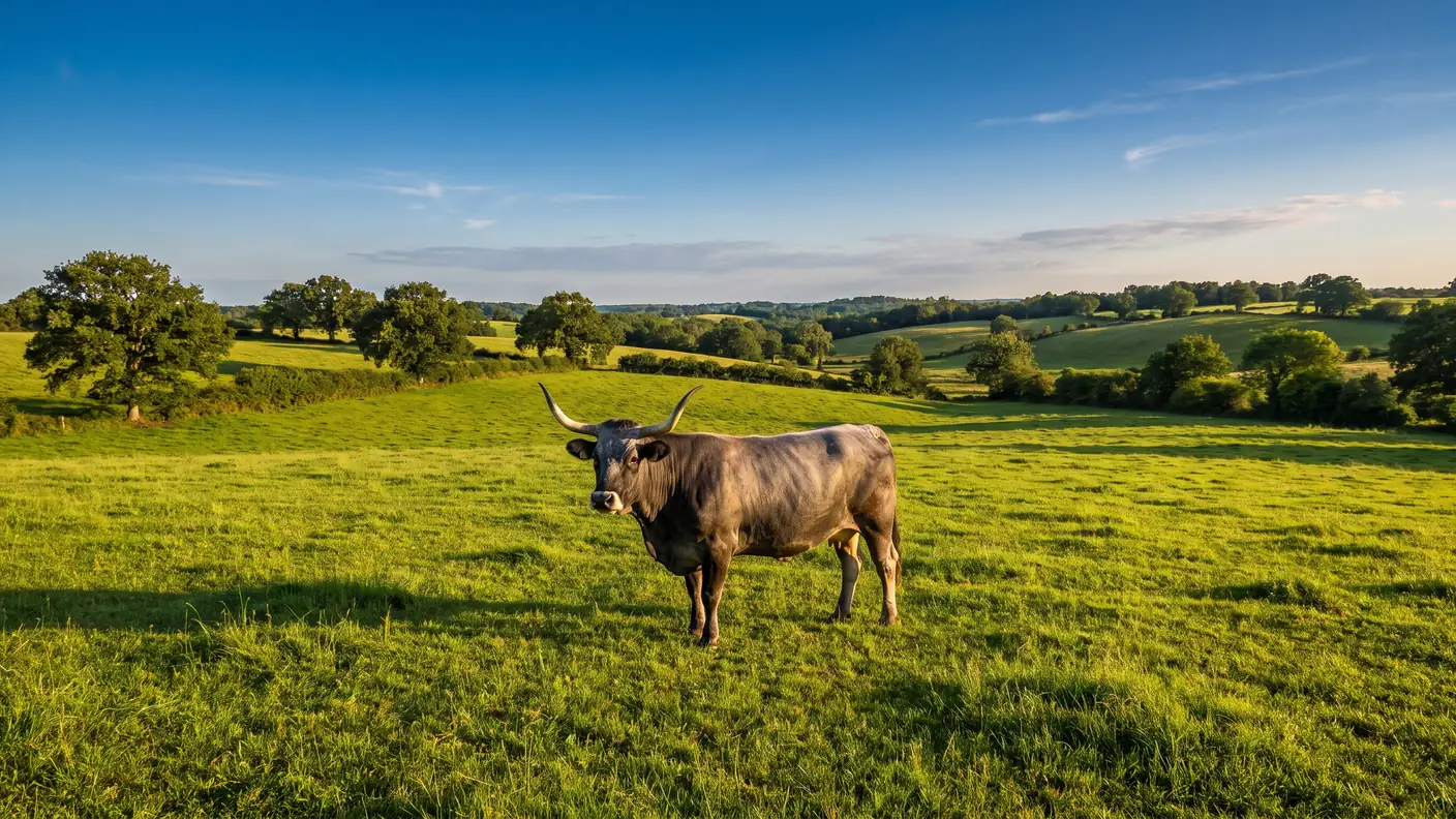 Un majestueux bœuf gris de race bazadaise aux longues cornes, dans un pré verdoyant du Bazadais en Gironde