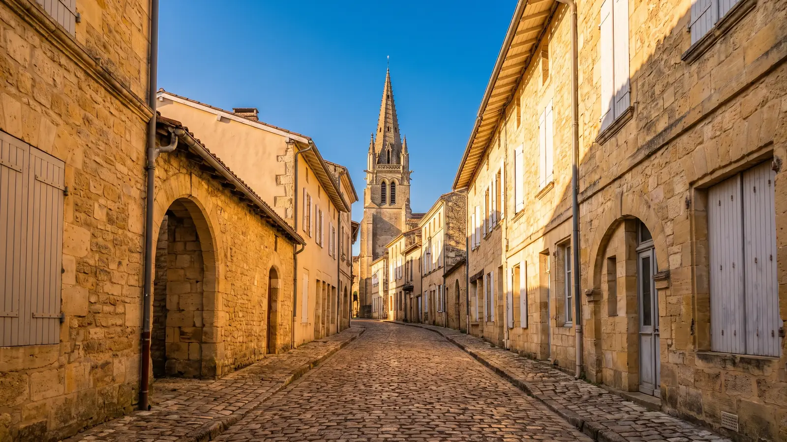 Une ruelle pavée médiévale bordée de maisons de pierre à Bazas, le clocher de la cathédrale au bout, en Gironde