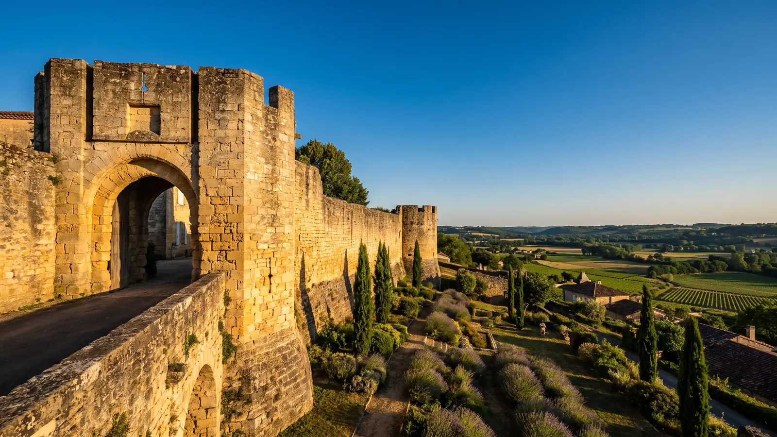 Une ancienne porte médiévale en pierre et un fragment de remparts de la cité épiscopale de Bazas, en Gironde