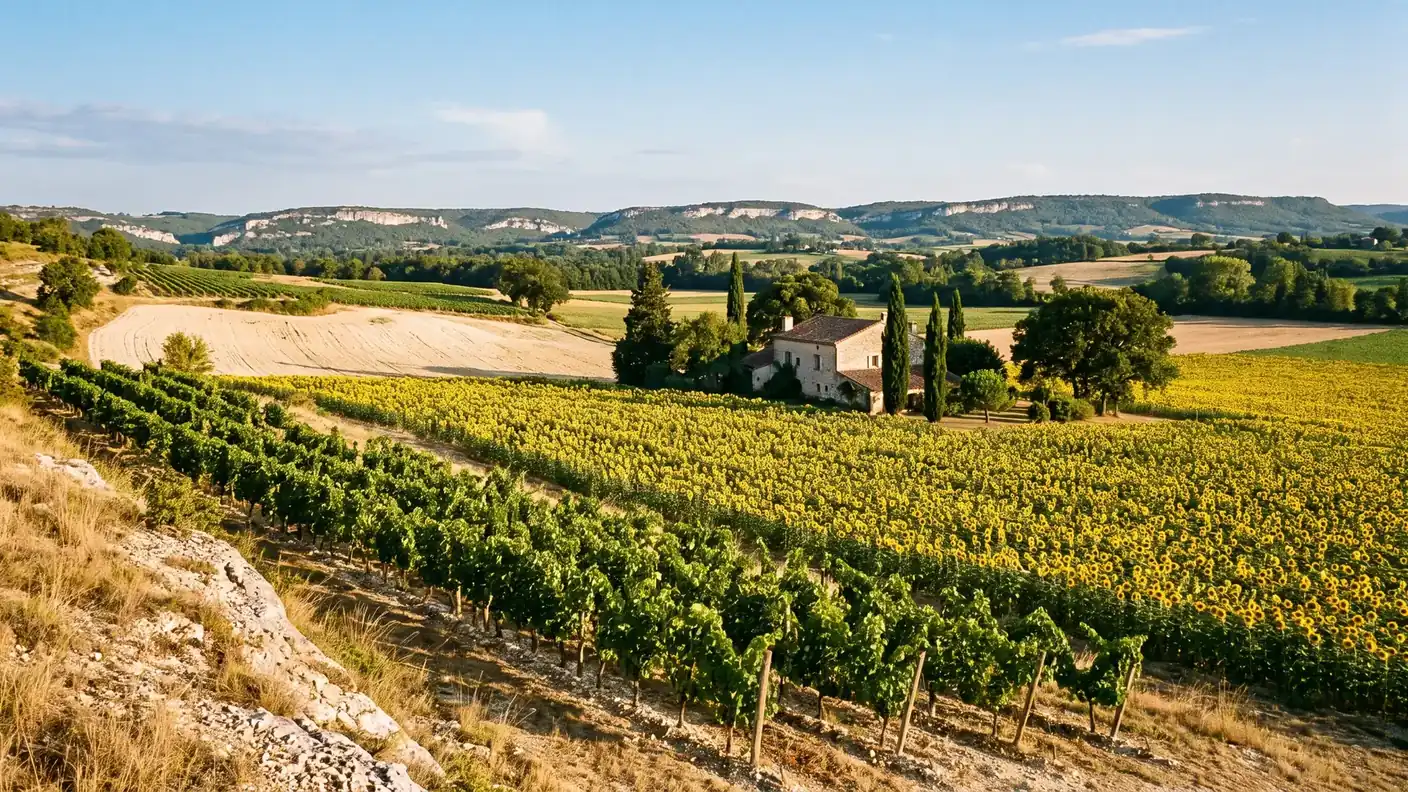 Vignes et tournesols sur les coteaux du Quercy Blanc