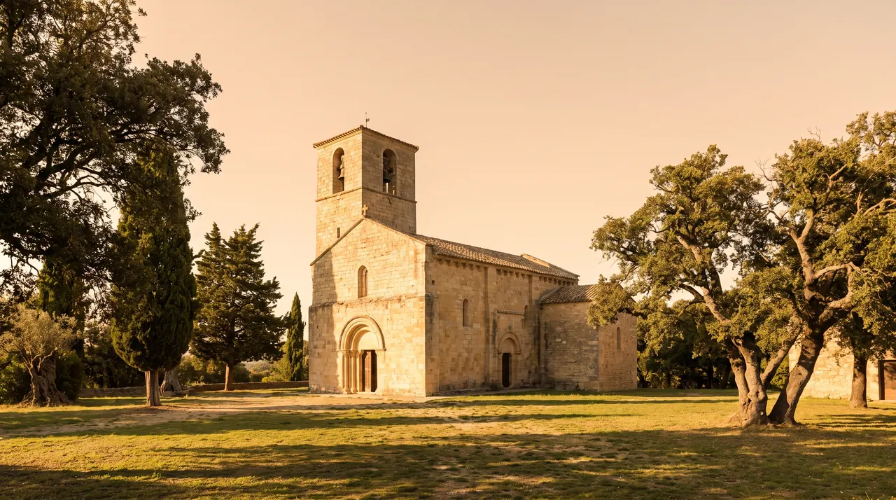 Église de village en pierre claire à clocher carré et portail arrondi près de Béguey, vieux arbres, lumière chaude