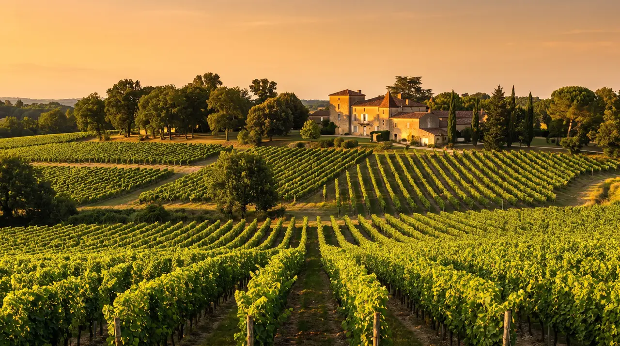 Rangs de vignes des Cadillac-Côtes sur des coteaux argilo-calcaires près de Béguey au soleil couchant, manoir au loin
