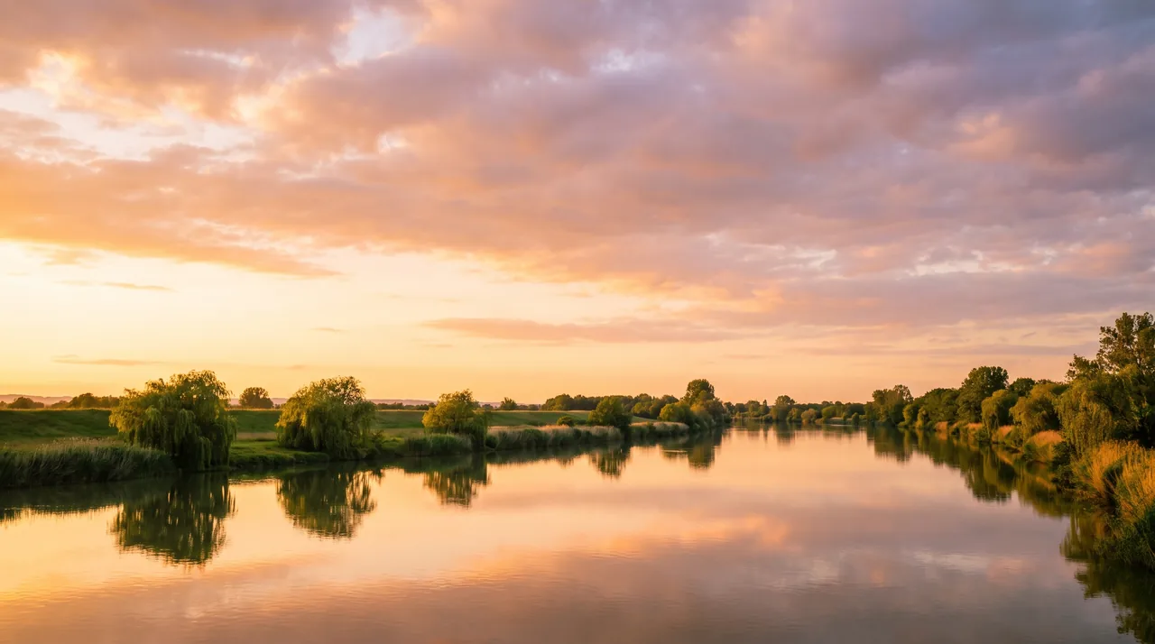 La Garonne large et calme au soleil couchant le long d'une berge basse verte près de Béguey, saules et roseaux