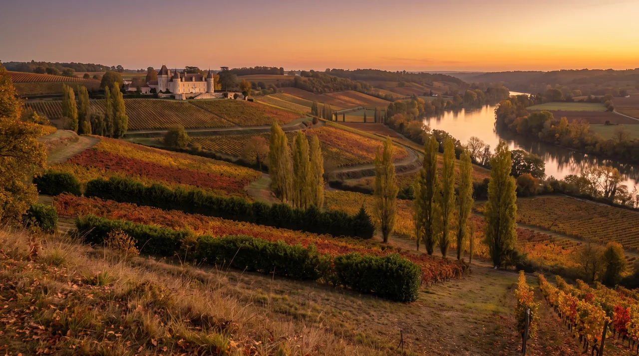 Campagne vallonnée au-dessus de la Garonne près de Béguey au coucher du soleil, vignes et rangées de peupliers
