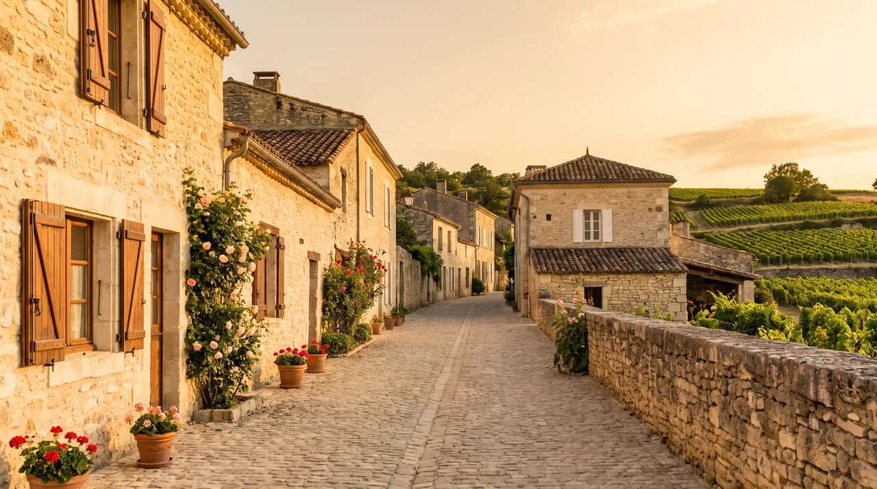 Ruelle déserte d'un village de pierre claire aux toits de tuiles près de Béguey, volets de bois, lumière chaude
