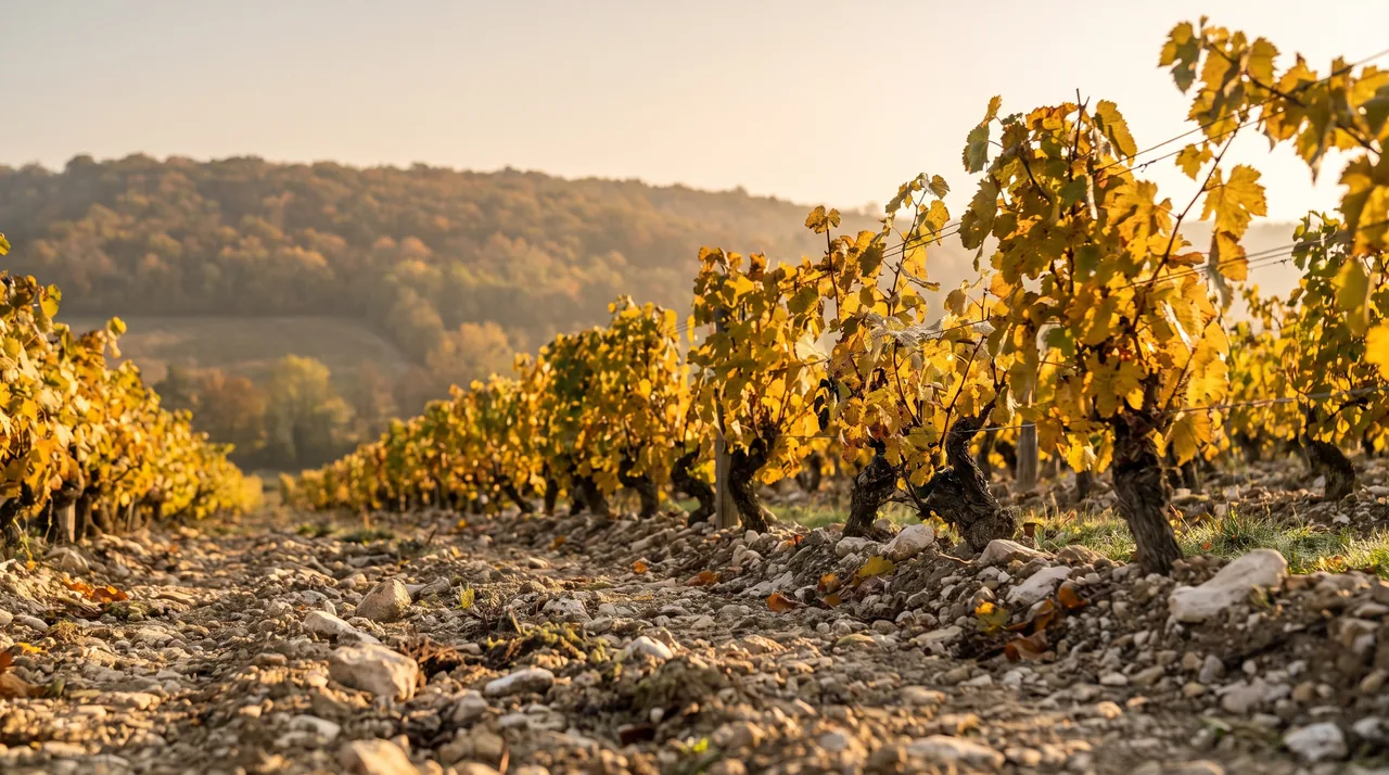 Rang de vigne sur sol graveleux argilo-calcaire un matin d'automne près de Béguey, feuilles dorées et rosée