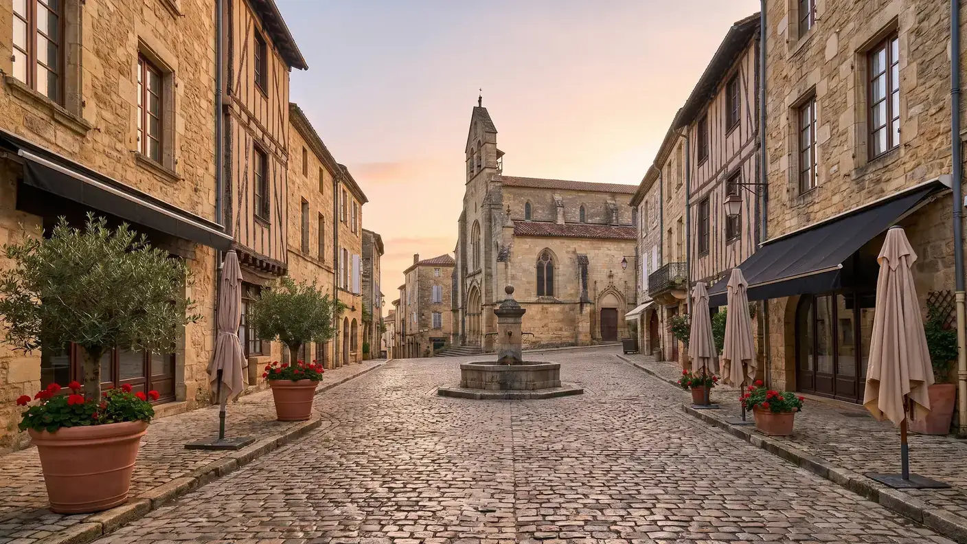 Place Pélissière à Bergerac au petit matin, fontaine de pierre, maisons à colombages et clocher de l'église Saint-Jacques
