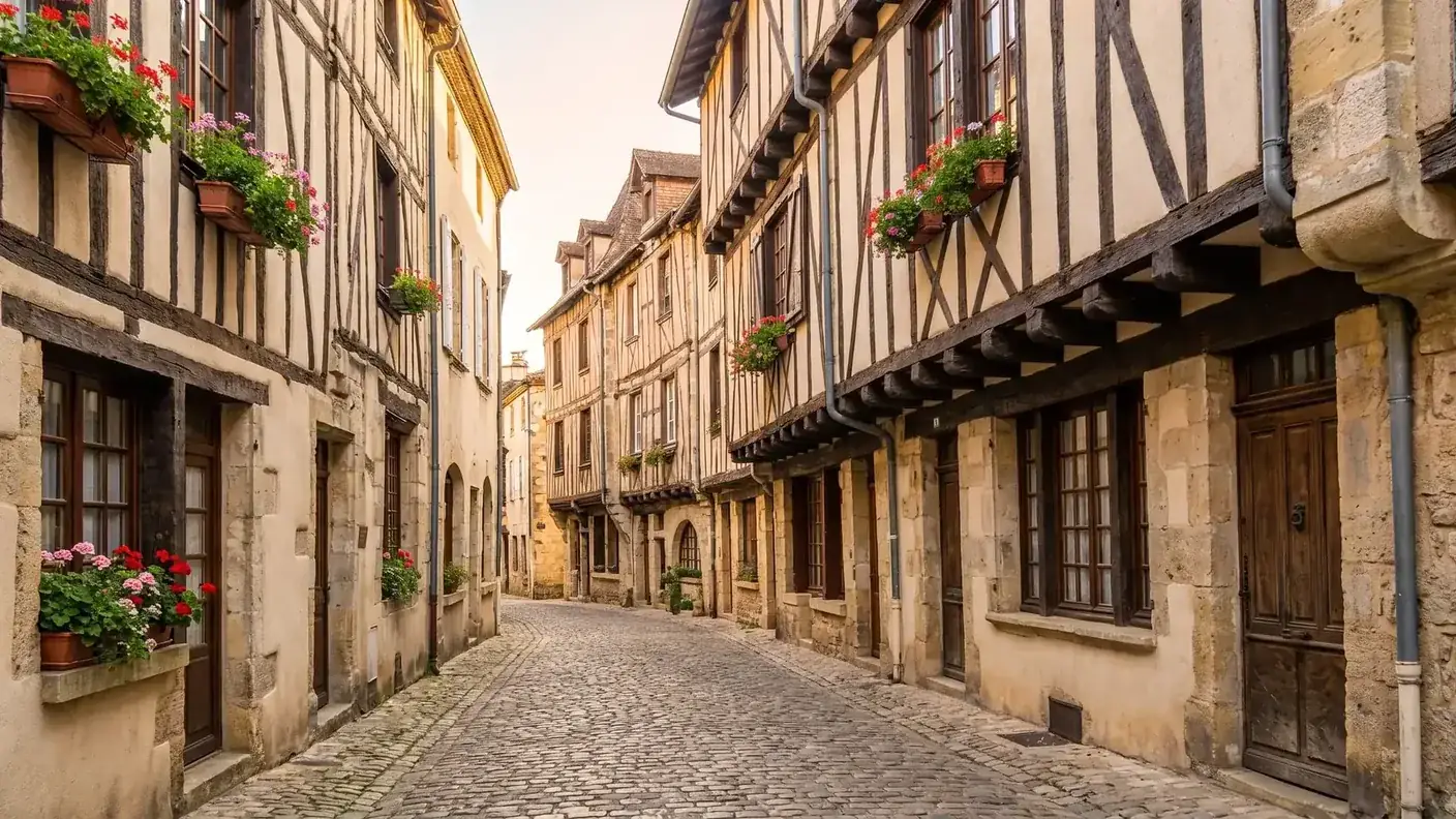 Ruelle du vieux Bergerac bordée de maisons à colombages aux poutres de chêne et encorbellements, géraniums aux fenêtres