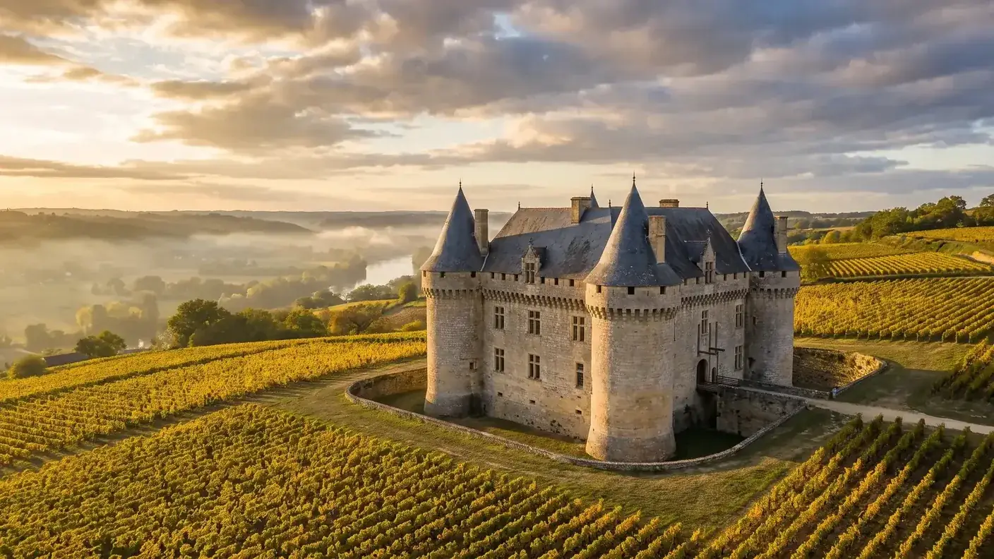 Château de Monbazillac, quatre tours rondes et mâchicoulis au milieu des vignes dorées dominant la vallée de la Dordogne