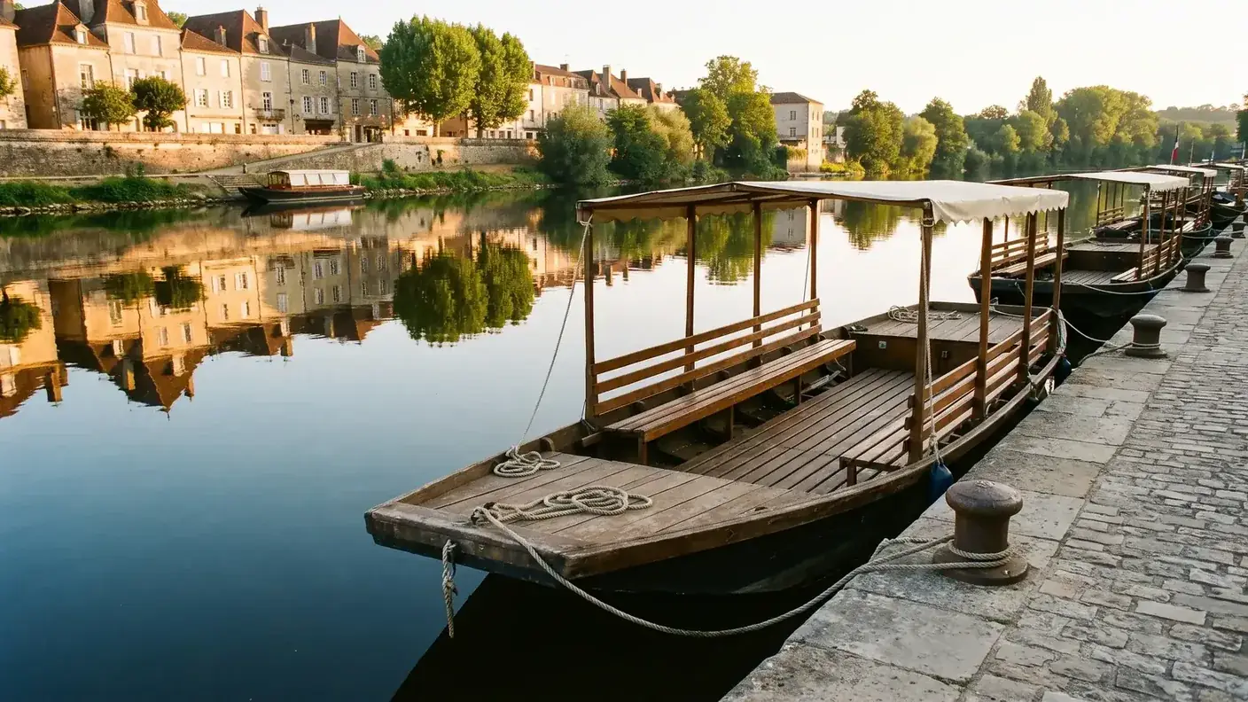 Gabarres en bois amarrées au quai Salvette à Bergerac, bancs sous taud de toile, reflets du soir sur la Dordogne