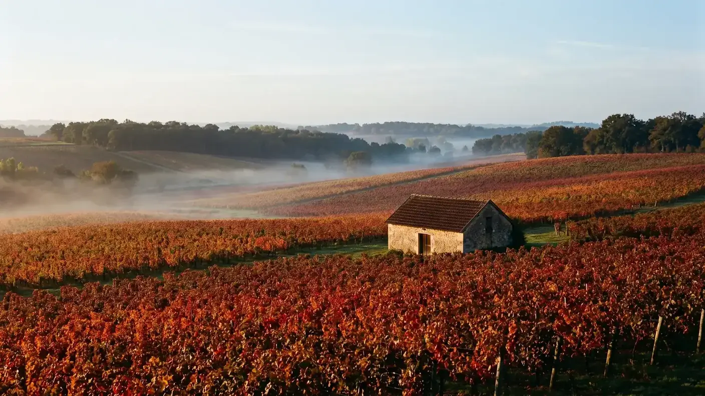 Vignoble de Bergerac aux feuilles pourpres et or en automne, cabanon de pierre au milieu des rangs de vigne dans la brume