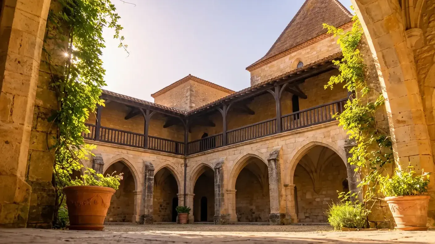 Cloître des Récollets à Bergerac, galerie de bois sur arcades de pierre autour de la cour intérieure baignée de lumière