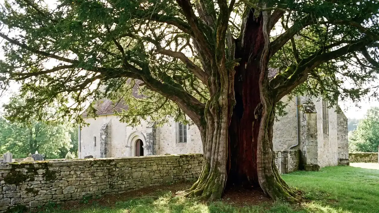 L'if millénaire de Bertric-Burée, énorme tronc creux et cannelé de bois rouge sombre couvert de mousse, contre un vieux mur de pierre et une église