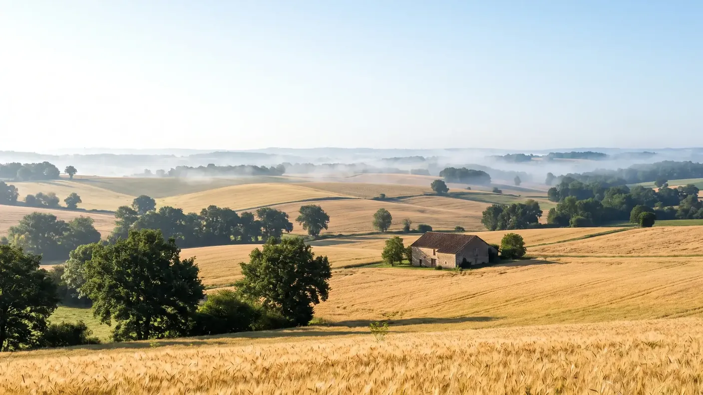 Plaines céréalières du Ribéracois autour de Bertric-Burée, grands champs de blé doré en vallonnements doux, bosquets et grange isolée dans la brume