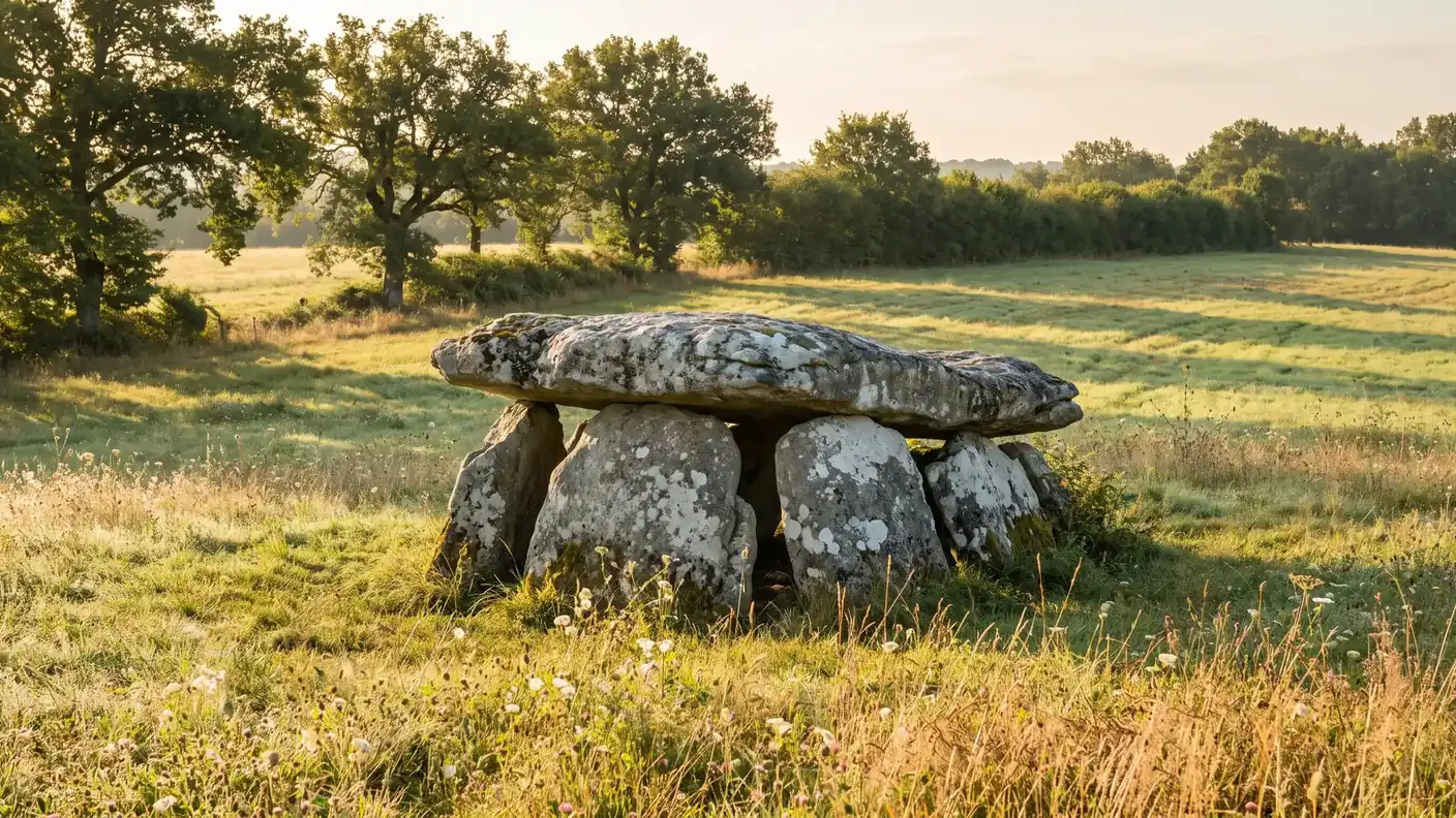 Dolmen de Peyrelevade à Paussac-et-Saint-Vivien, table mégalithique néolithique à large dalle de couverture sur piliers de pierre couverts de lichen, dans une prairie fleurie