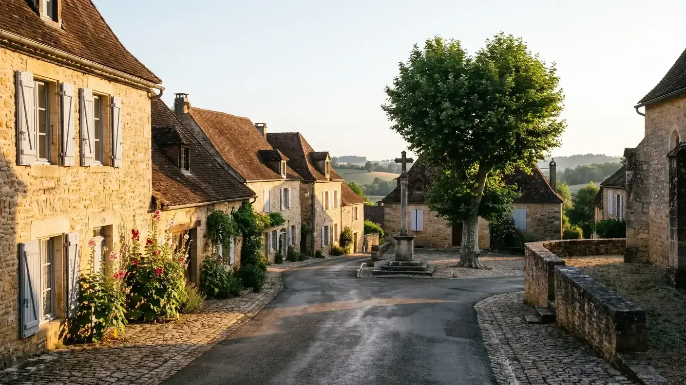 Ruelle paisible d'un village du Ribéracois au petit matin, maisons de pierre dorée aux volets gris, croix de mission, roses trémières, aucune voiture