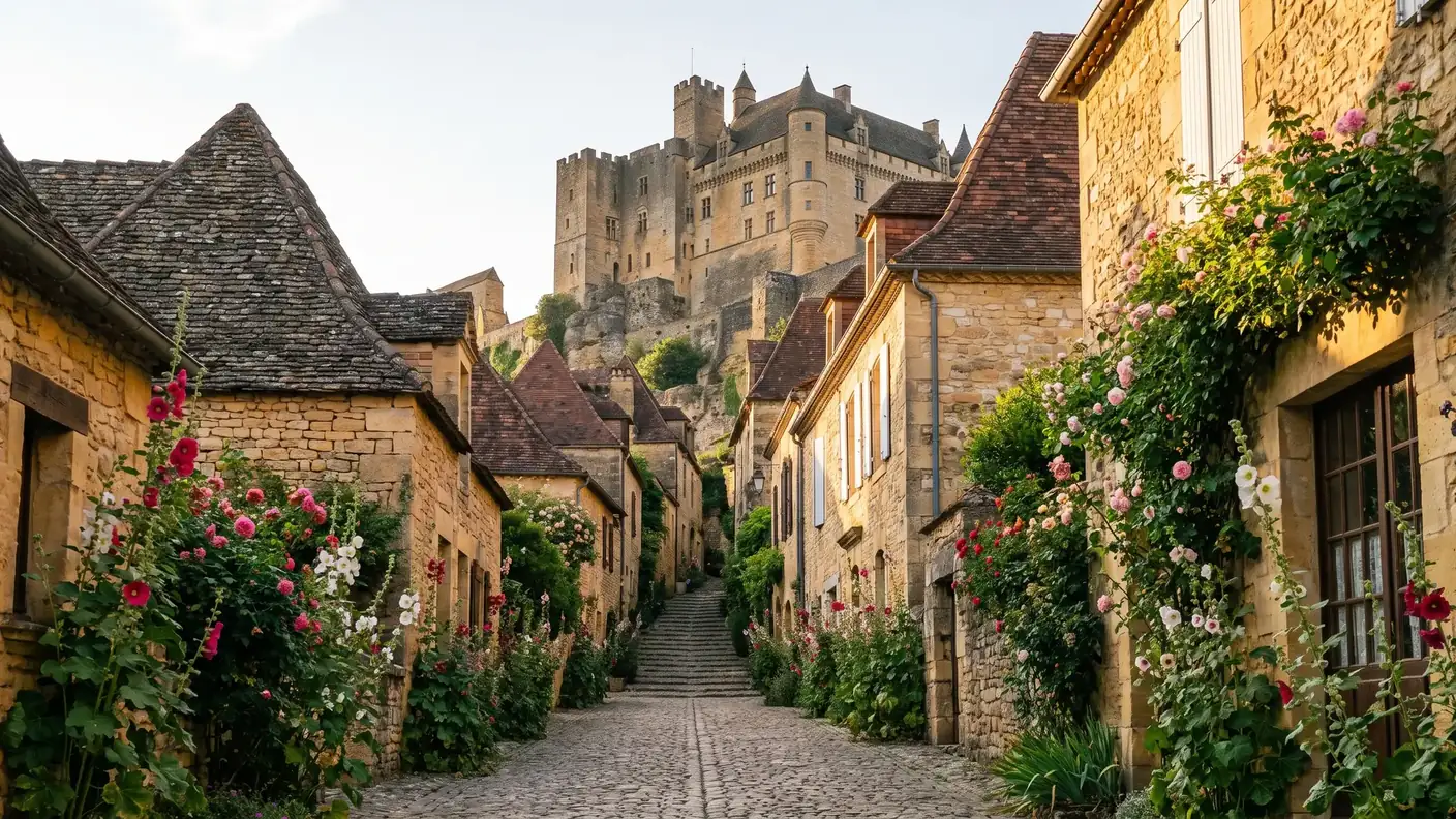 Ruelle pavée bordée de roses trémières montant vers le château de Beynac
