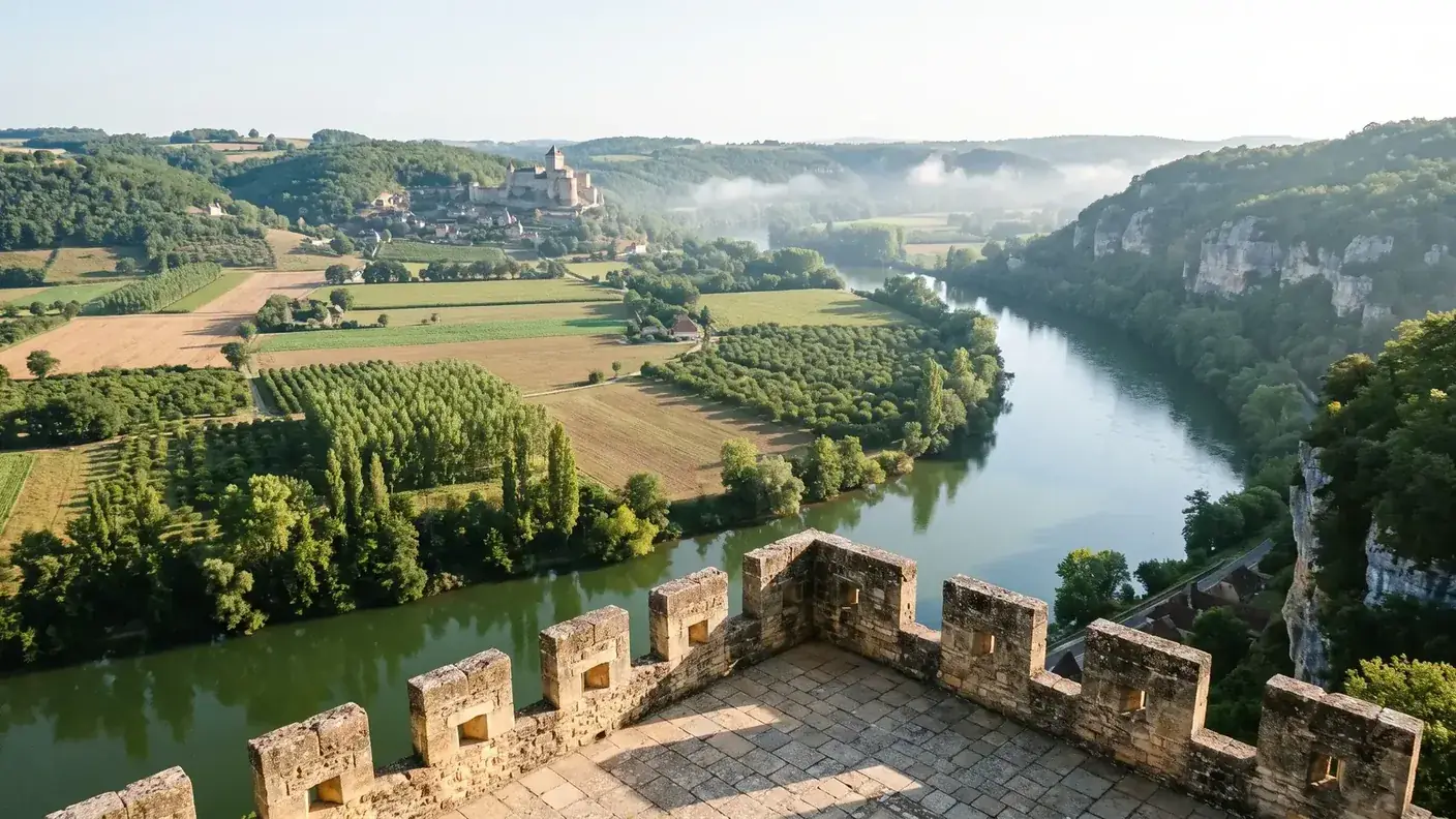 Vue depuis la terrasse crénelée du château de Beynac sur la Dordogne et la forteresse rivale au loin