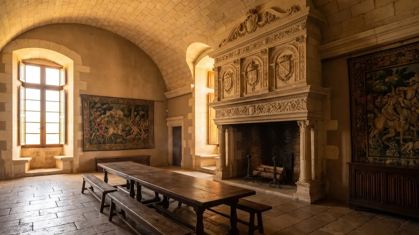 Salle médiévale voûtée avec cheminée monumentale sculptée et fenêtre à coussièges