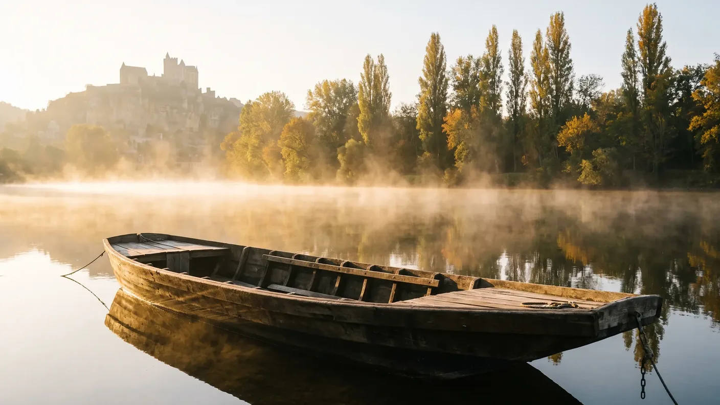 Barque en bois amarrée sur la Dordogne dans la brume dorée du matin, château sur sa falaise en arrière-plan