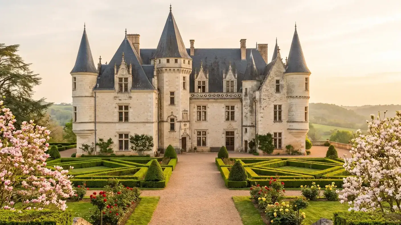 Élégant château Renaissance à tourelles entouré de jardins fleuris, évocation des Milandes