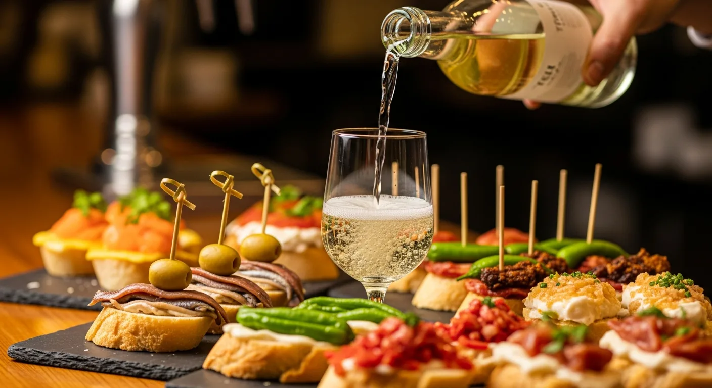 Pintxos basques sur comptoir de bar avec verre de txakoli versé de haut, bouchées sur pain avec piques