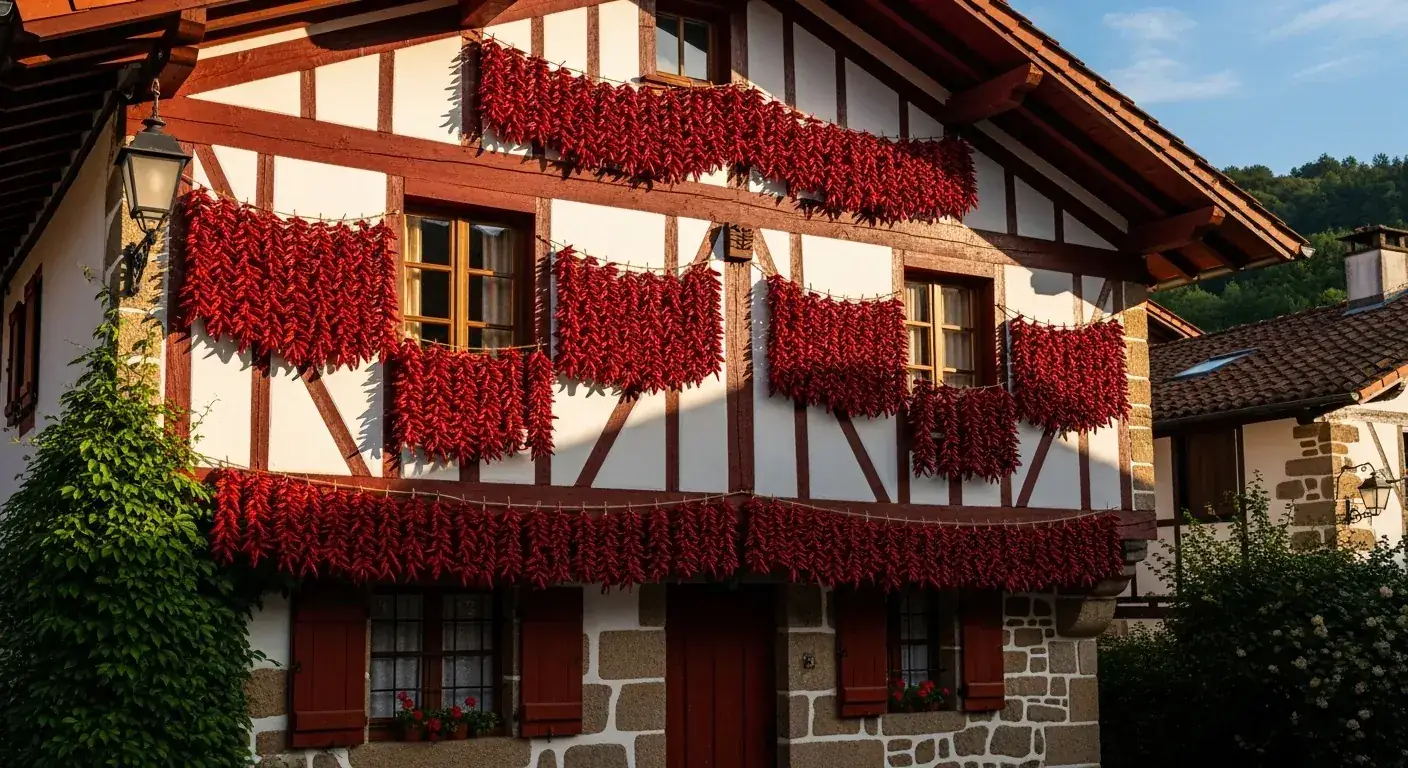 Village d'Espelette avec maisons à colombages blanc et rouge ornées de guirlandes de piments séchant au soleil