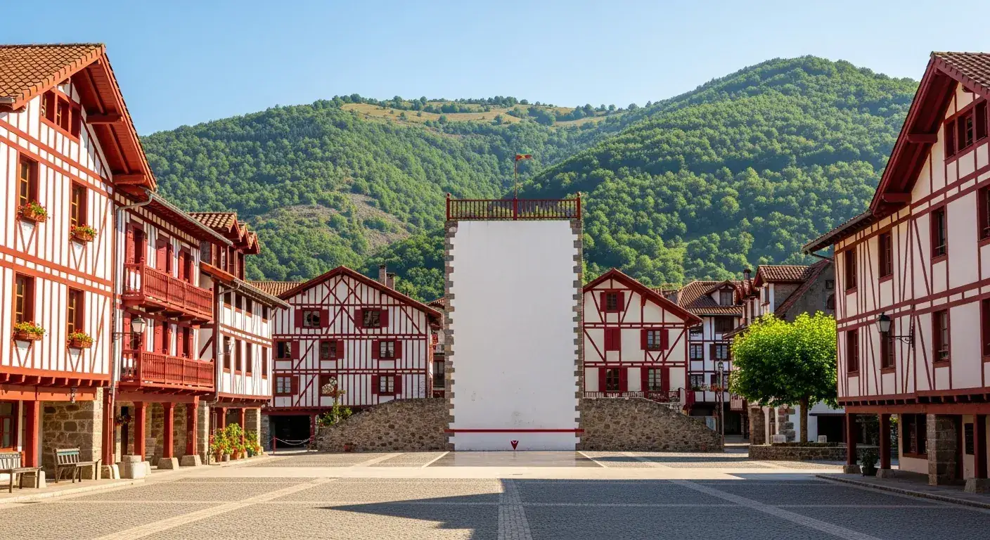 Fronton de pelote basque dans village avec maisons à colombages rouge et blanc, Pyrénées en arrière-plan