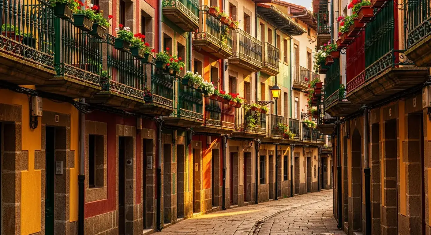 Ruelle médiévale colorée du Casco Viejo de Bilbao, balcons en fer forgé, façades étroites