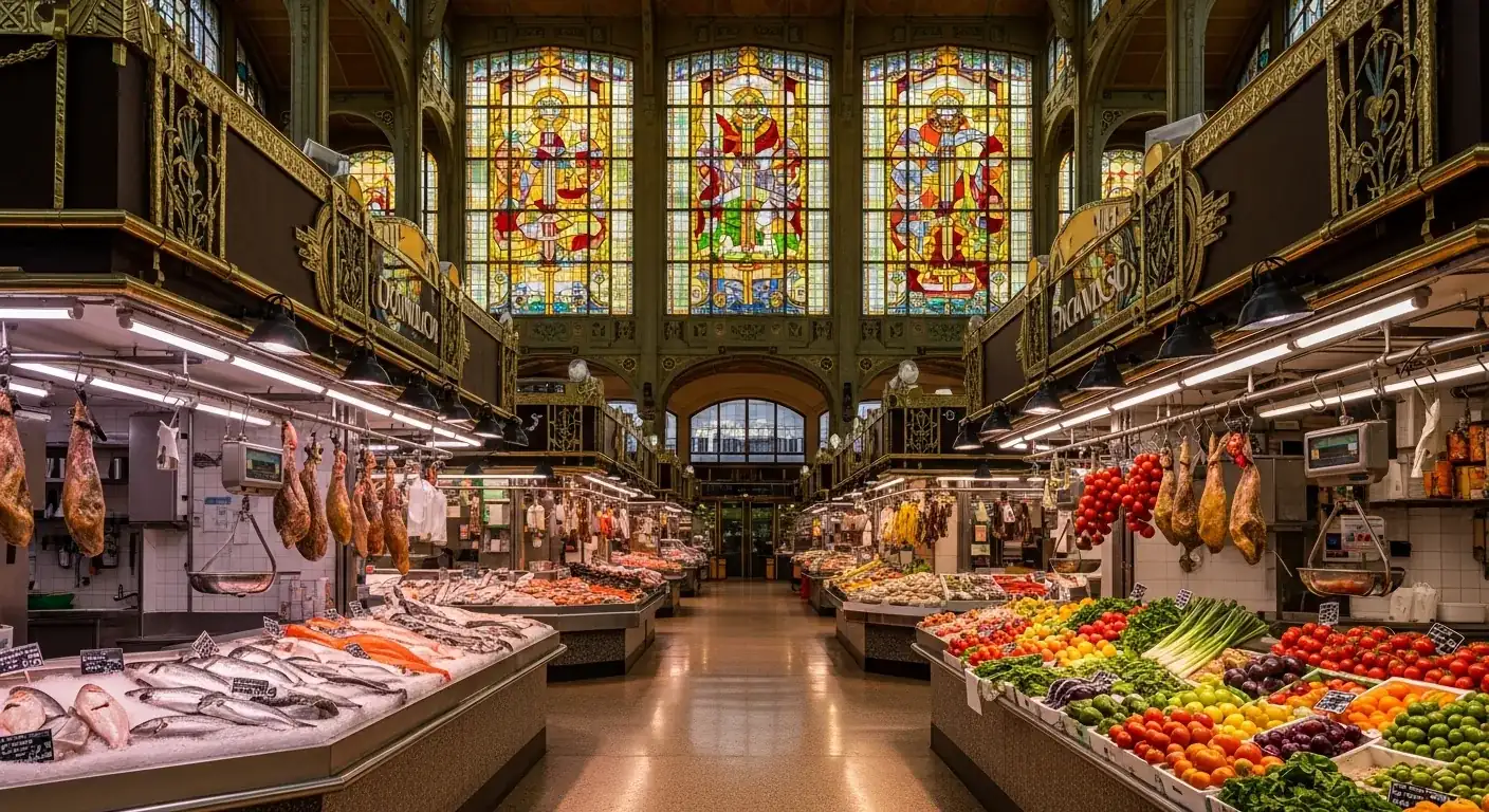 Intérieur Art Déco du Mercado de la Ribera à Bilbao, étals de poissons, jambons, légumes, vitraux