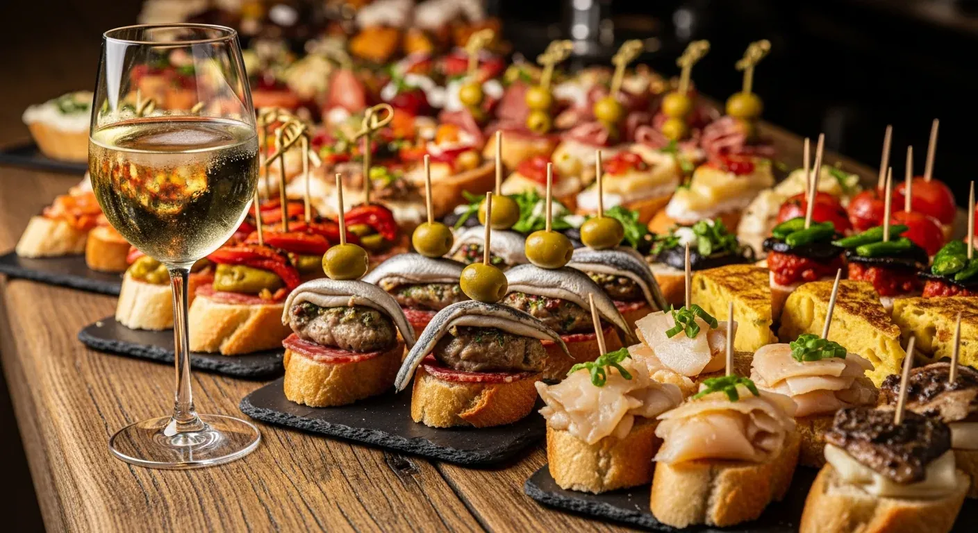 Plat de pintxos basques sur comptoir bois : gilda, bacalao al pil-pil, tortilla, verre de txakoli