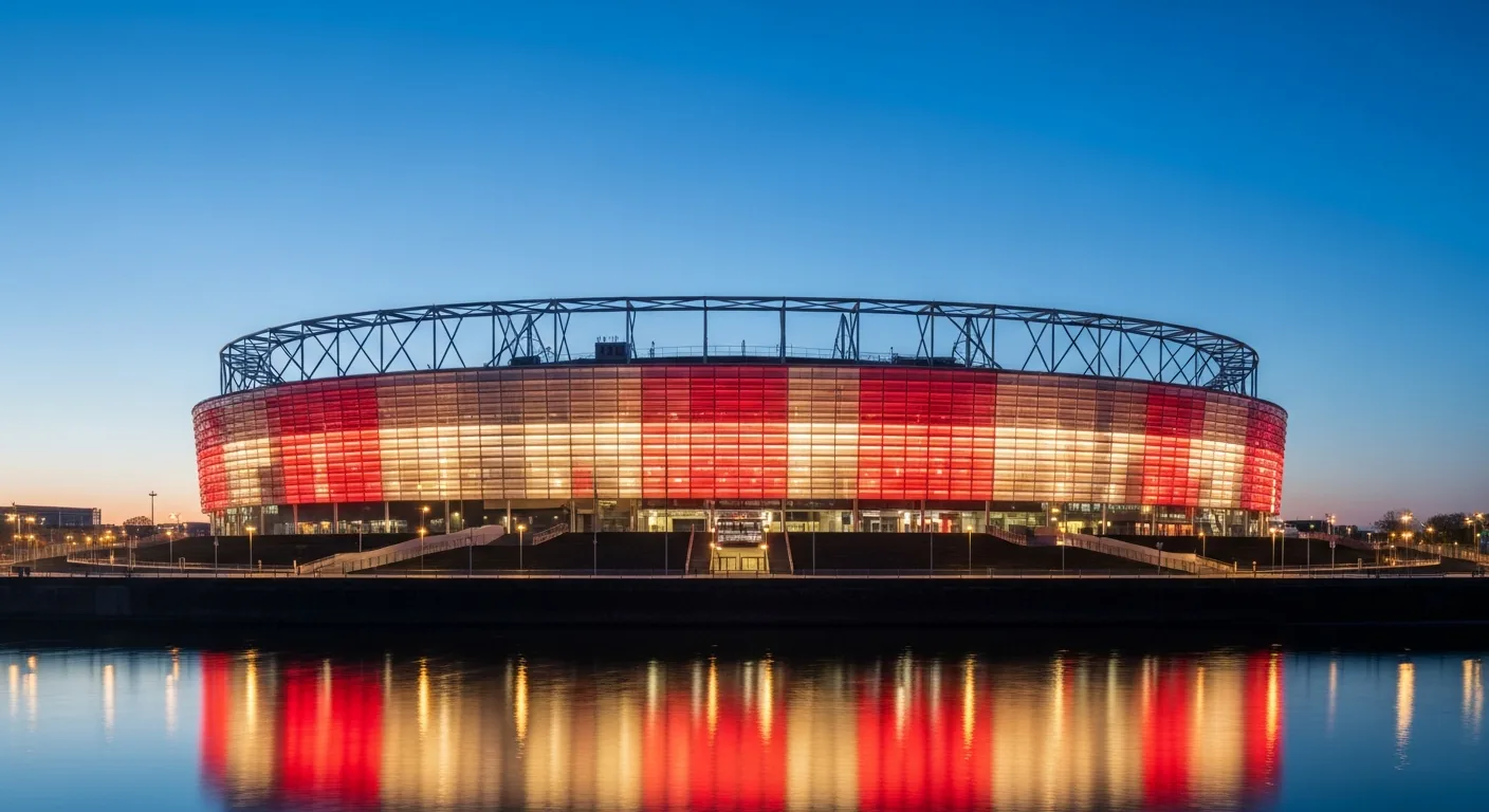 Stade San Mamés de l'Athletic Club Bilbao au crépuscule, façade rouge et blanche