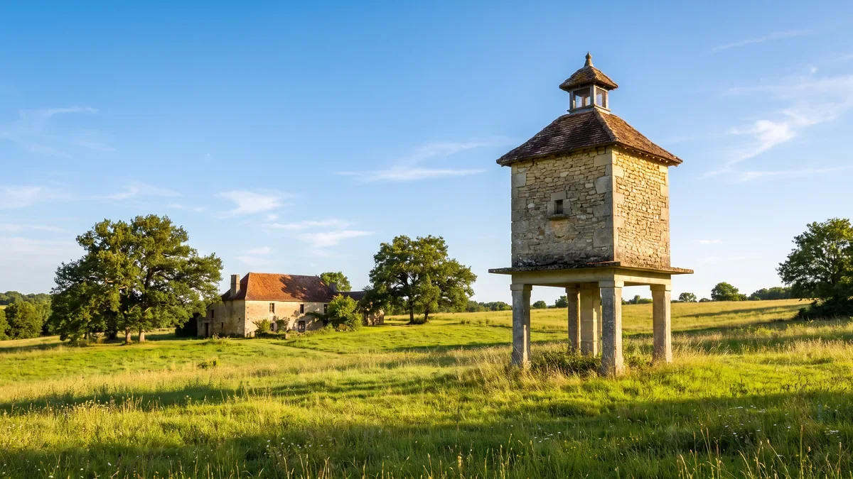 Un pigeonnier traditionnel du Sud-Ouest sur pilotis de pierre, coiffé d'un lanternon, dans une prairie près d'une ferme