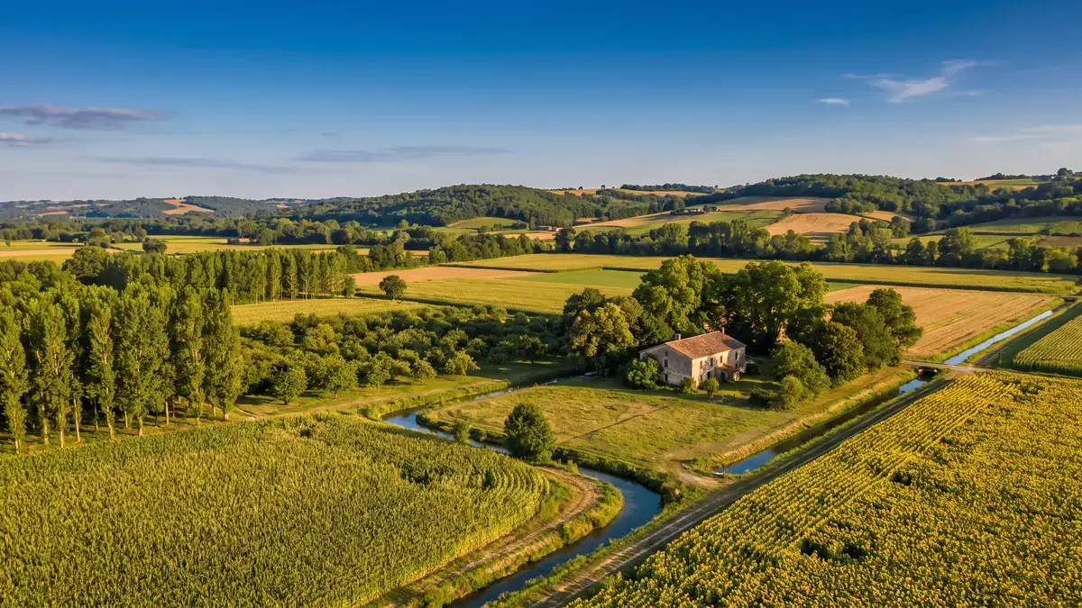 Champs, tournesols et ferme dans le Val de Garonne à Birac-sur-Trec