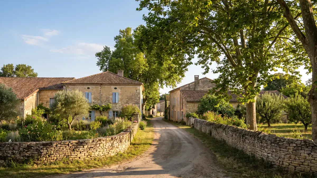 Un chemin de campagne bordé de murets de pierre et de vieilles maisons à volets dans un hameau du Lot-et-Garonne