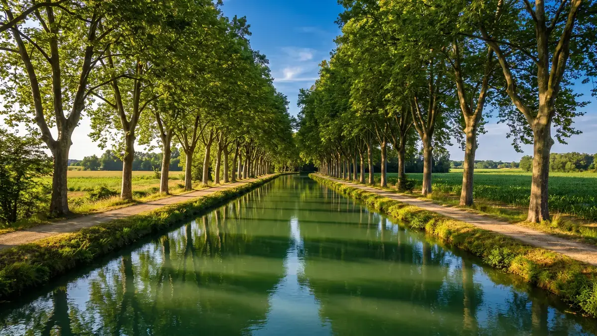 Un canal bordé d'un double alignement de platanes se reflétant dans l'eau calme, dans le Val de Garonne