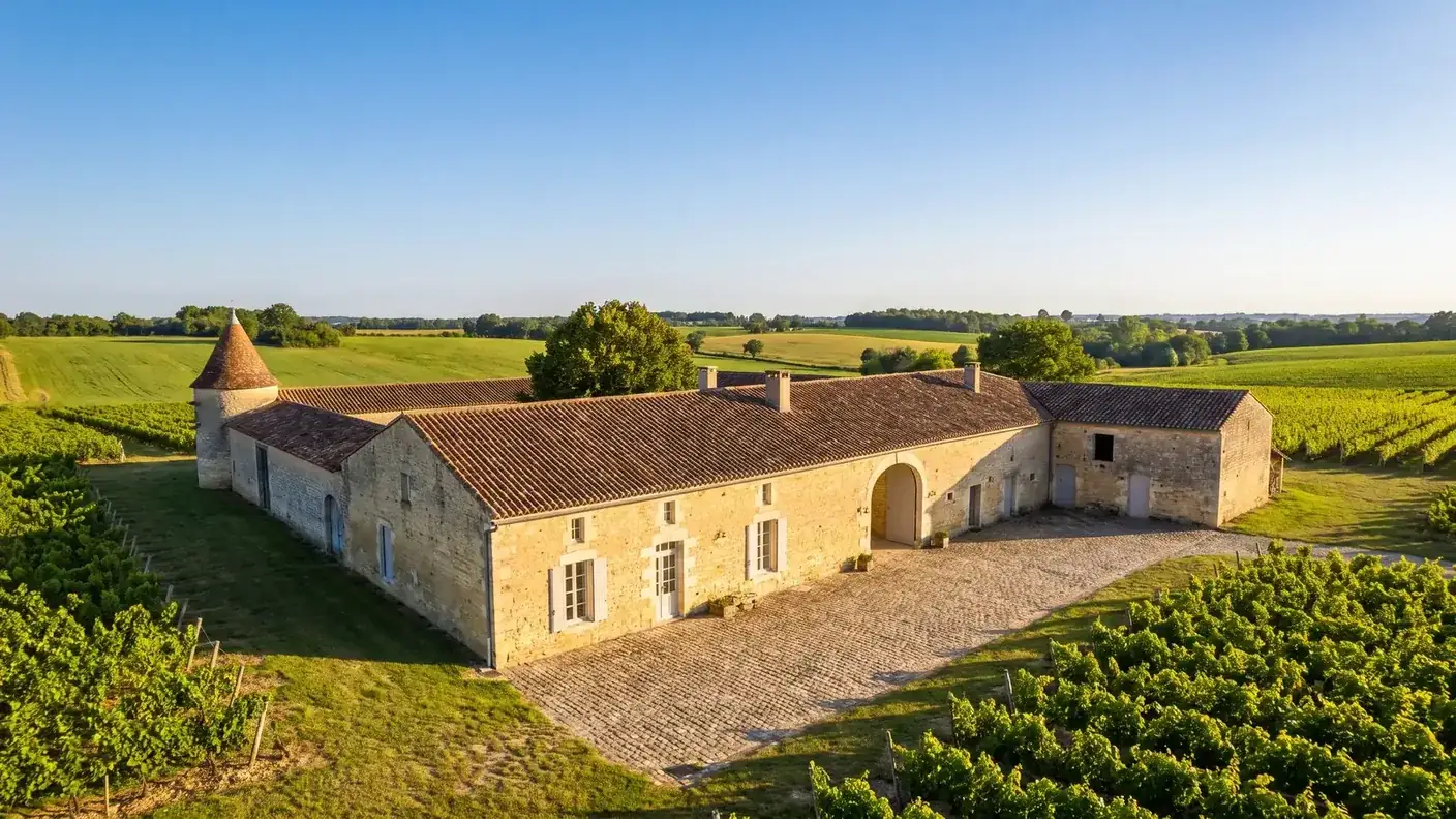 Une ferme charentaise traditionnelle près de Birac, longue bâtisse de pierre miel à toit de tuiles avec un grand portail