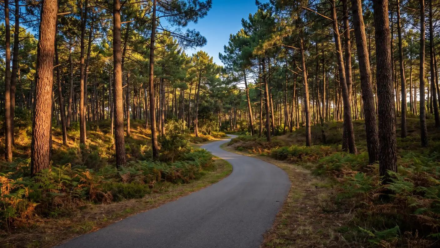 Une piste cyclable déserte serpentant entre les pins maritimes de la forêt landaise, lumière dorée