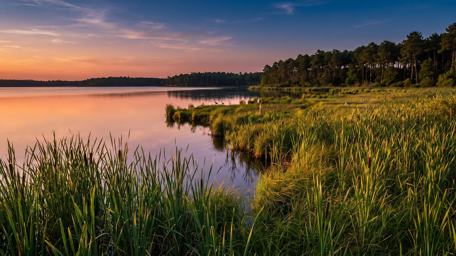 Les roselières de la rive sud du grand lac dans la lumière dorée, échassiers au loin et pins sur l'autre rive