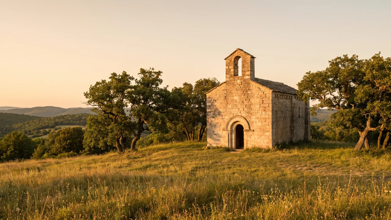 Petite chapelle romane austère en pierre du Blanzacais, portail plein cintre et clocher-mur, parmi l'herbe et de vieux arbres