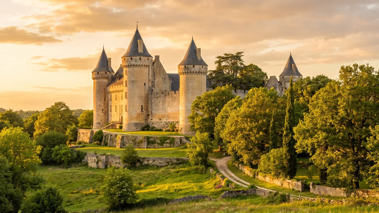 Château de pierre claire à tours et toits coniques dominant les arbres, évoquant Barbezieux en sud-Charente